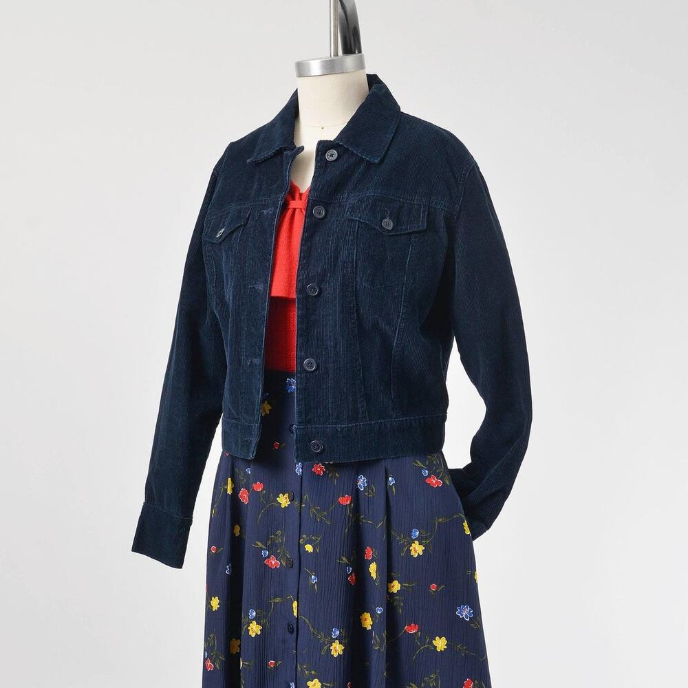 Vintage 90s Bill Blass Navy Corduroy Collared Cotton Trucker Cropped Jacket S